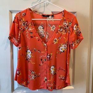 Obey Coral Floral Button Down Blouse